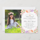 Blush Stripe and Bloom Photo First Communtion Kaart (Voorkant)