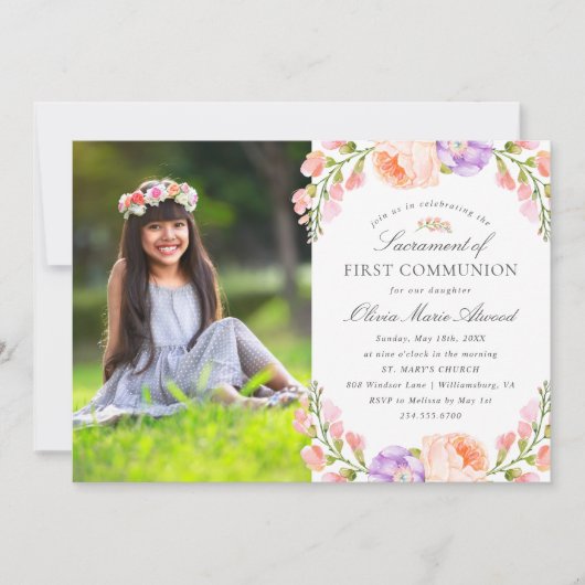 Blush Stripe and Bloom Photo First Communtion Kaart (Voorkant)
