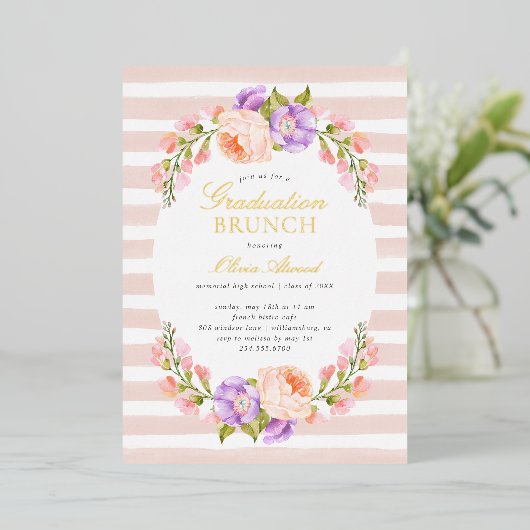 Blush Stripe en Bloom Afstuderen Brunch Folie Uitnodiging (Staand Voorkant)