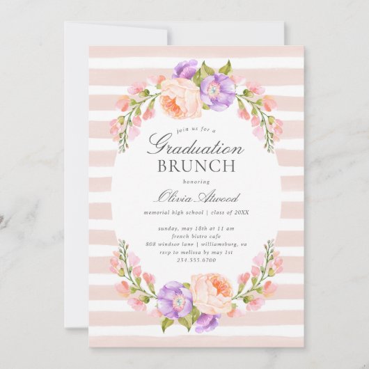 Blush Stripe en Bloom Afstuderen Brunch Kaart (Voorkant)