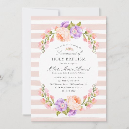 Blush Stripe en Bloom Baby Girl Baptisme Kaart (Voorkant)