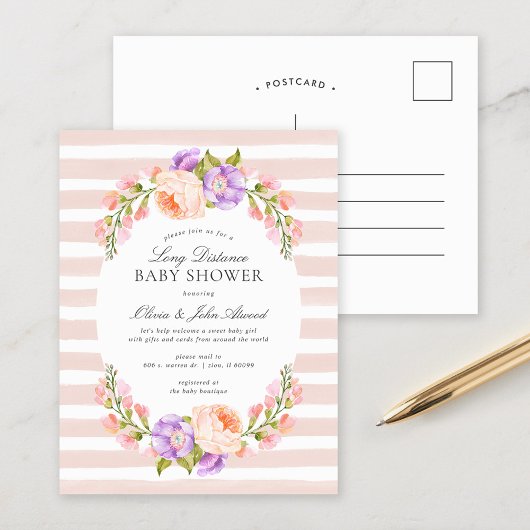 Blush Stripe en Bloom Baby shower Invitation Feestdagenkaart