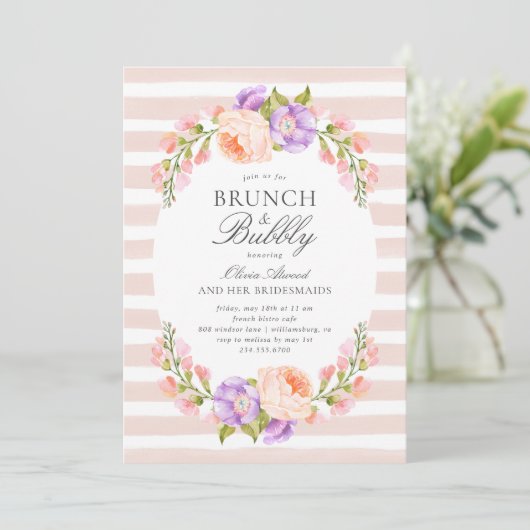 Blush Stripe en Bloom Bridal Brunch en Bubble Kaart (Staand voorkant)