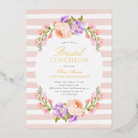 Blush Stripe en Bloom Bridal Luncheon Folie Uitnodiging (Voorkant)