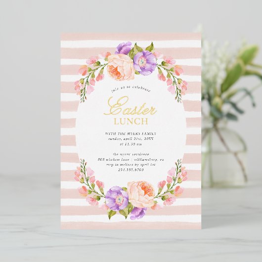 Blush Stripe en Bloom Easter Lunch Party Folie Uitnodiging (Staand Voorkant)