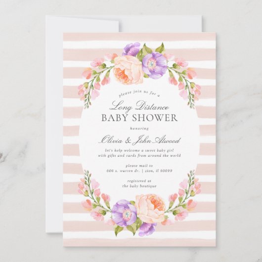 Blush Stripe en Bloom Lange afstand Baby shower Kaart (Voorkant)