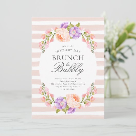 Blush Stripe en Bloom Moederdag Brunch Kaart (Staand voorkant)