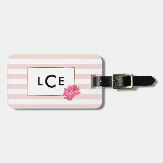 Blush Stripe & Pink Peony Monogram Bagagelabel (Voorkant horizontaal)