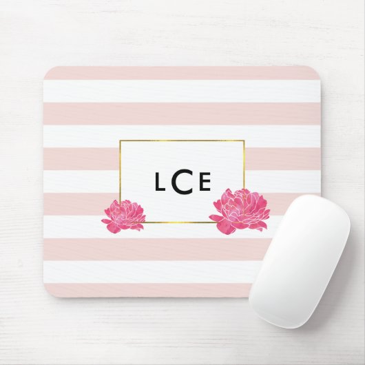 Blush Stripe & Pink Peony Monogram Mousepad Muismat (Met muis)