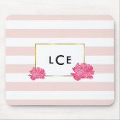 Blush Stripe & Pink Peony Monogram Mousepad Muismat (Voorkant)