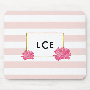 Blush Stripe & Pink Peony Monogram Mousepad Muismat
