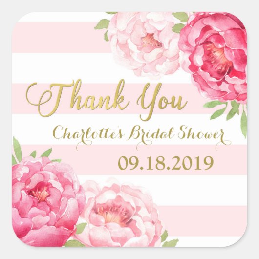 Blush Stripes Goud Roze Bloemen Vrijgezellenfeest Vierkante Sticker (Voorkant)