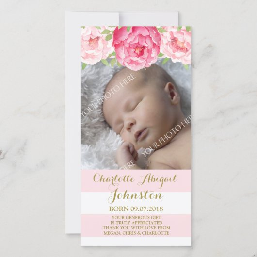 Blush Stripes Pink Flowers Hartelijk dank, Baby sh Bedankkaart (Voorkant)