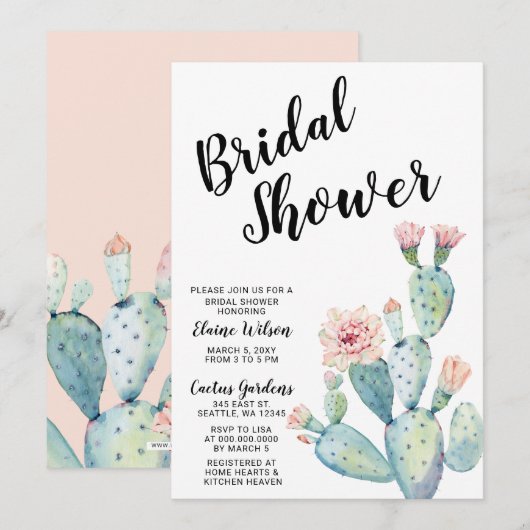 Blush Succulent Cactus Bridal Shower Invitations Kaart (Voorkant / Achterkant)