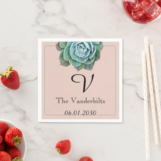 Blush Succulent Monogram Wedding Napkin Servetten (Insitu)