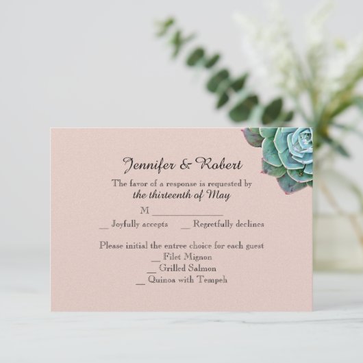Blush Succulent Wedding Response Kaart (Staand voorkant)