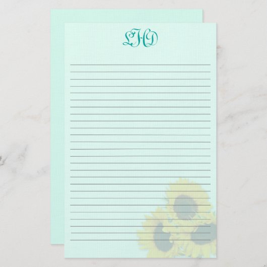 Blush Sunflower Monogram Schrijfpapier Briefpapier (Voorkant / Achterkant)