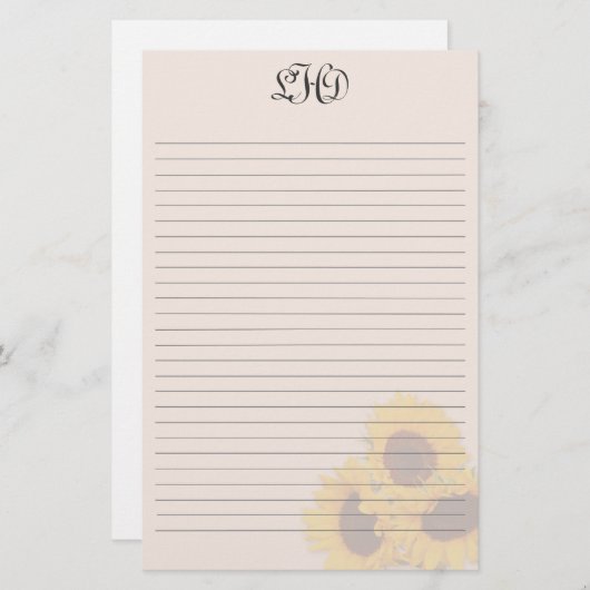 Blush Sunflower Monogram Schrijfpapier Briefpapier (Voorkant / Achterkant)
