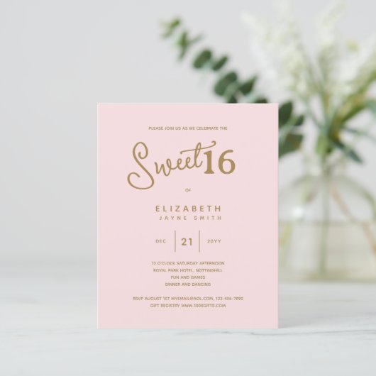 Blush SWEET 16 Moderne Elegante Budget Verjaardag (Staand voorkant)