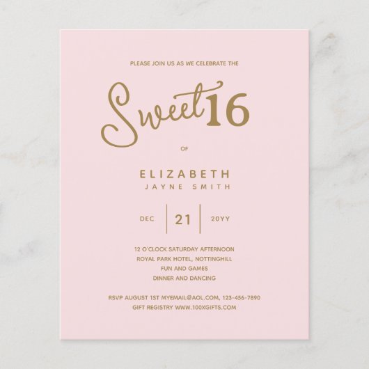 Blush SWEET 16 Moderne Elegante Budget Verjaardag (Voorkant)