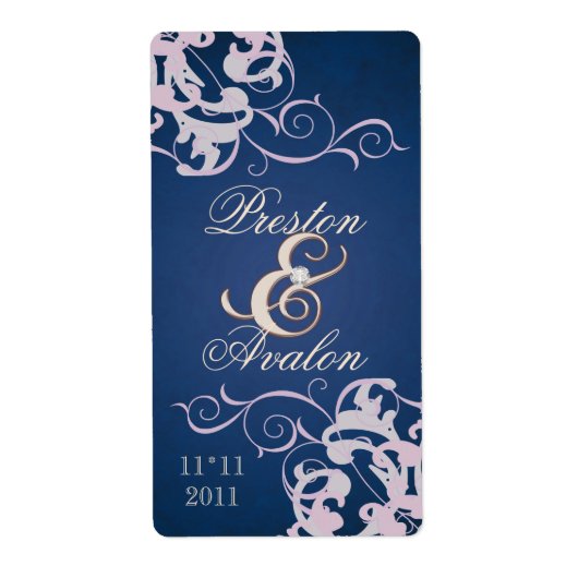 Blush Swirl Roos Gold Jeweled Blue Wine Label (Voorkant)