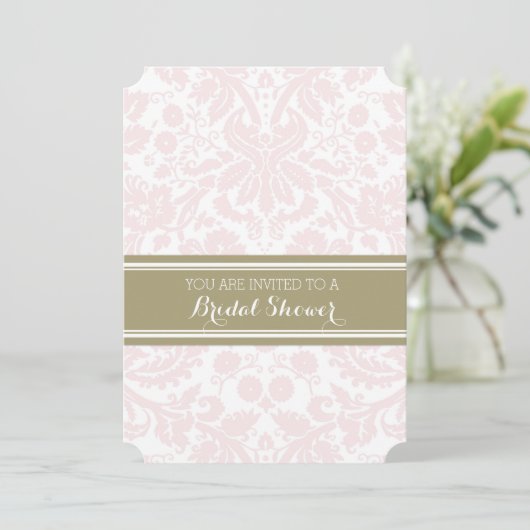 Blush Tan Damask Bruids Douche Uitnodiging Kaarten (Staand voorkant)