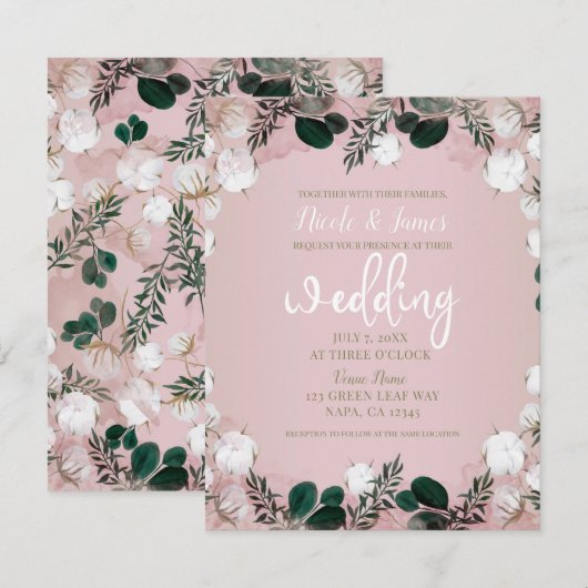 Blush Taupe Cotton Floral Greenery Rustic Wedding Kaart (Voorkant / Achterkant)