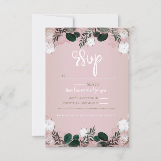 Blush Taupe Cotton Floral Greenery Rustic Wedding RSVP Kaartje (Voorkant)