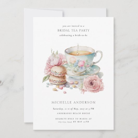 Blush Tea Cup Macarons QR Code Vrijgezellenfeest Kaart (Voorkant)