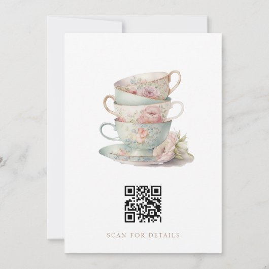Blush Tea Cup Macarons QR Code Vrijgezellenfeest Kaart (Achterkant)