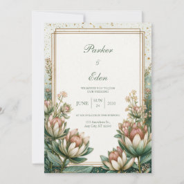 Blush Teal Astrantia Gold Foil Wedding Kaart
