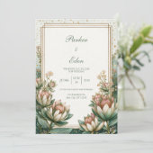 Blush Teal Astrantia Gold Foil Wedding Kaart (Staand voorkant)