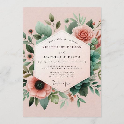 Blush Teal Botanical Wedding Kaart (Voorkant)