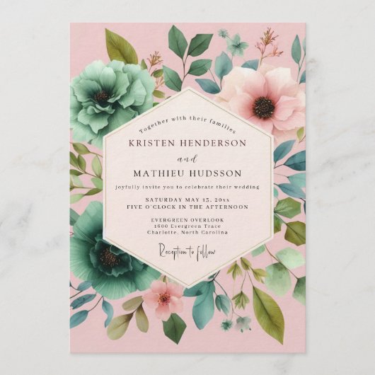 Blush Teal Painterly Flora Wedding Kaart (Voorkant)