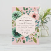 Blush Teal Painterly Flora Wedding Kaart (Staand voorkant)