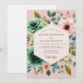 Blush Teal Painterly Flora Wedding Kaart (Voorkant / Achterkant)
