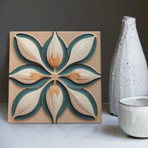 Blush Teal Tulpen Symmetrische Art Deco Tegeltje