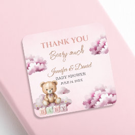 Blush Teddy Clouds Pink Baby Girl Bedankt Vierkante Sticker