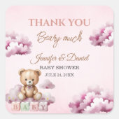 Blush Teddy Clouds Pink Baby Girl Bedankt Vierkante Sticker (Voorkant)