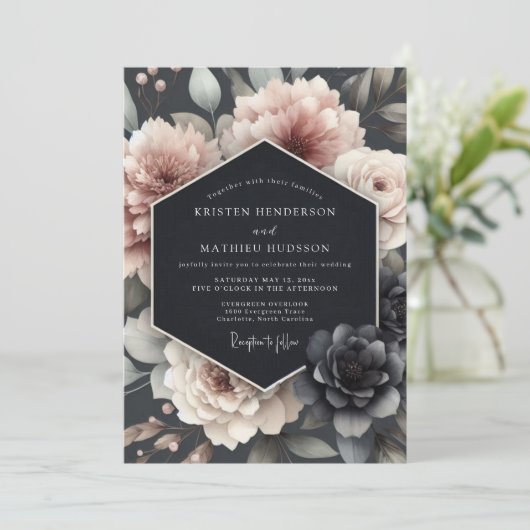 Blush Tenebrous Bloom Wedding Kaart (Staand voorkant)