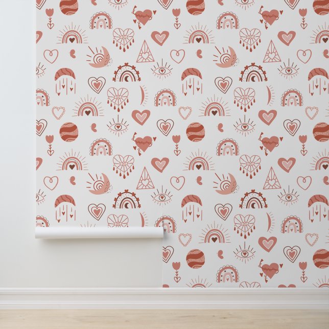 Blush | Terracotta Boho Heart Thed Pattern Behang (Applicatie)