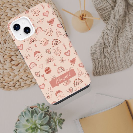 Blush | Terracotta Boho Heart Thed Pattern Name iPhone Hoesje