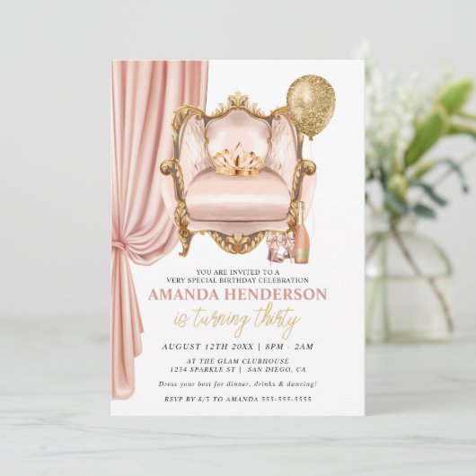 Blush Throne, Crown en Champagne Women's Birthday Kaart (Staand voorkant)