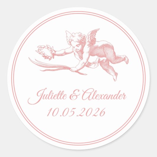 Blush Toile de Jouy Cupid Wedding Favor Stickers (Voorkant)