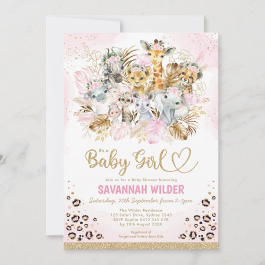 Blush Tropical Boho Safari Animals Baby shower Inv Kaart (Voorkant)
