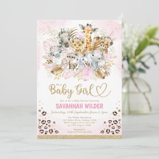 Blush Tropical Boho Safari Animals Baby shower Inv Kaart (Staand voorkant)