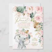 Blush Tropical Greenery Elephant Baby Girl Kaart (Voorkant)