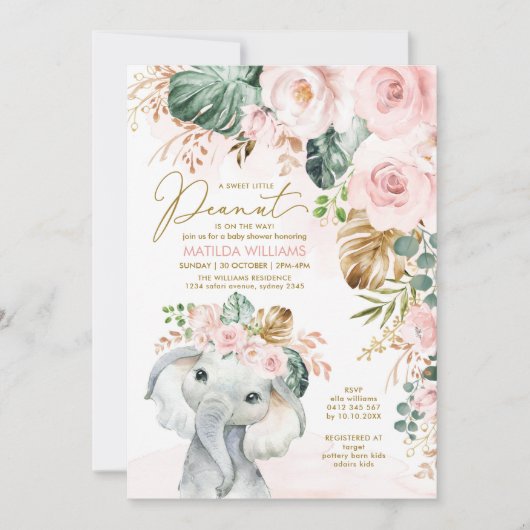 Blush Tropical Greenery Elephant Baby Girl Kaart (Voorkant)