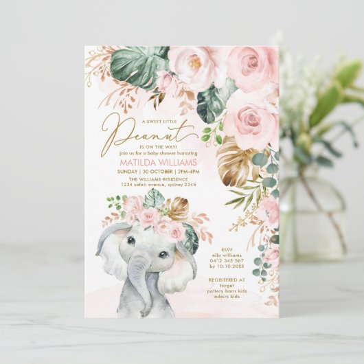 Blush Tropical Greenery Elephant Baby Girl Kaart (Staand voorkant)