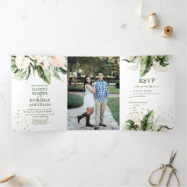Blush Tropical Greenery Photo Wedding  Drieluik Uitnodiging
